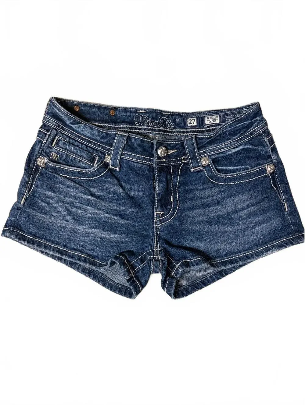 Miss Me Women's Low-Rise Denim Shorts Size 27 with Wing Embroidery & Rhinestones